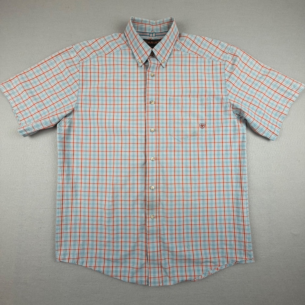 Ariat Pro Series Mens Large Short Sleeve Button Western Shirt Blue Orange Plaid